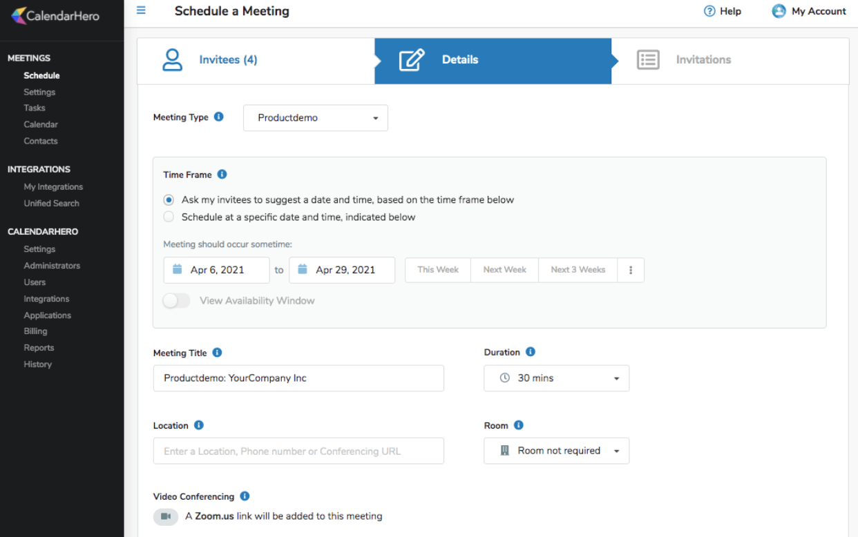 web meeting scheduler UI