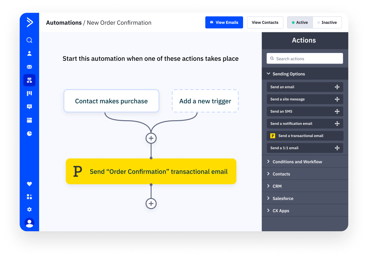 Screenshot of the ActiveCampaign app with an instructional layout of a transactional email automation