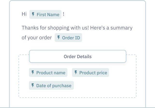 Example of adding dynamic tags to emails in order to add personalization. Dynamic options include First name, Order ID, Product name, Product price, date of purchase.