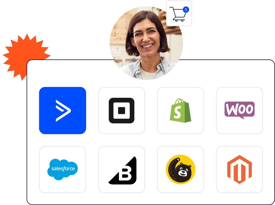 An example of some of the apps ActiveCampaign integrates with. Logos include Square, Shopify, WooCommerce, Salesforce, Magento, and others.