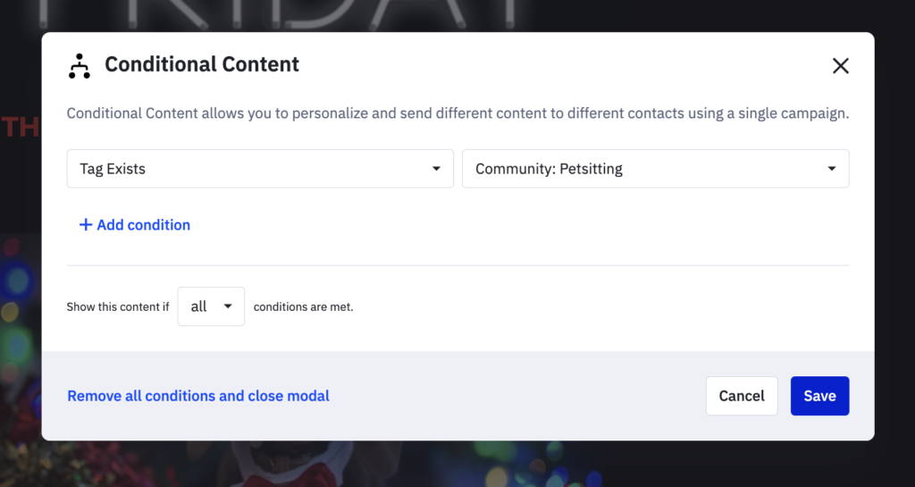 Conditional Content modal in ActiveCampaign