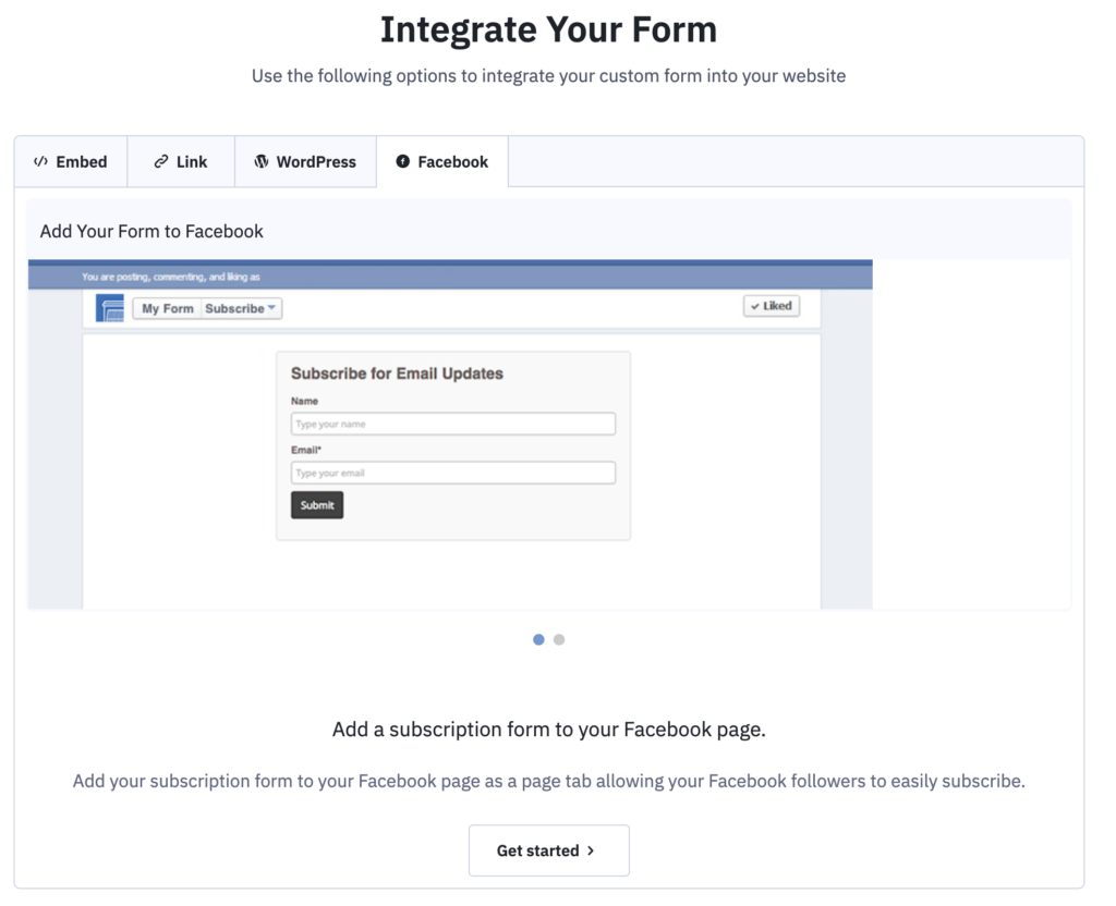 Facebook form integration page in ActiveCampaign