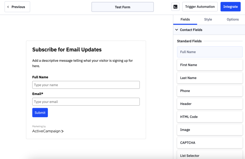 Example of ActiveCampaign's inline form builder