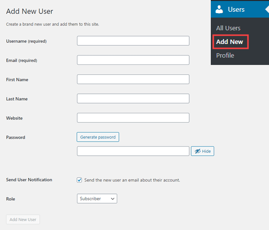 adding new user to wordpress