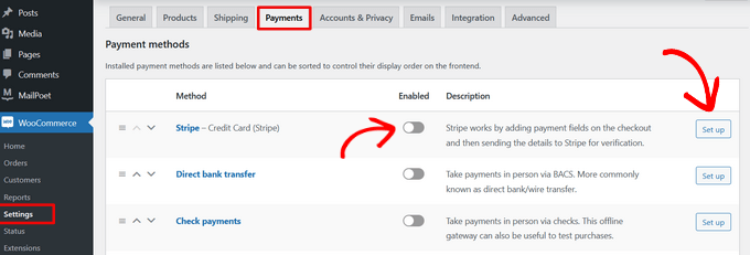 woocommerce settings payments