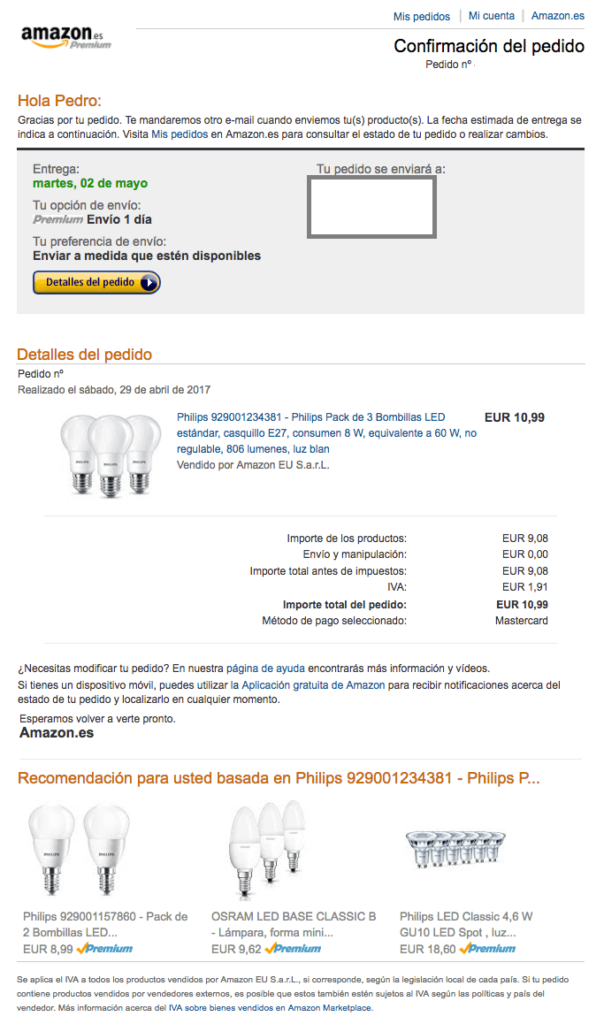 Correo de confirmación de pedido amazon