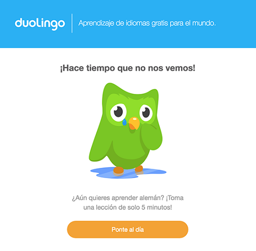 Ejemplo de mensaje para retomar clientes, de Duolingo