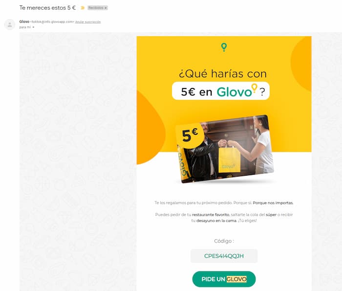 Correo de recuperación de Glovo