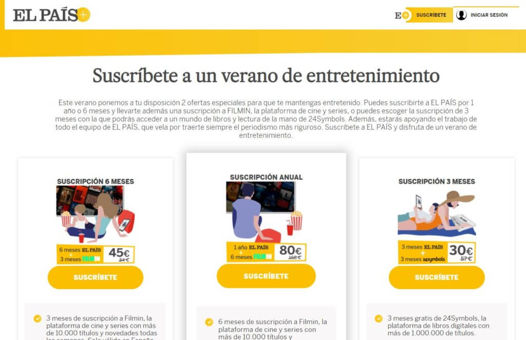 Landing page del diario español El País con promociones de suscripción durante el verano