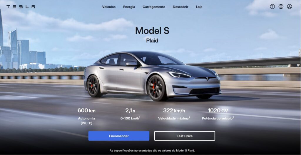 Captura de tela que mostra exemplo de landing page da Tesla